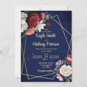 ネイビーブルーブルゴーニュバラ結婚式の招待テンプレート 招待状 (正面)