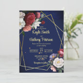 ネイビーブルーブルゴーニュバラ結婚式の招待テンプレート 招待状 (スタンド正面)