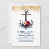 ネイビーブルーブルゴーニュフローラいかり航海の誕生日 招待状 (正面)