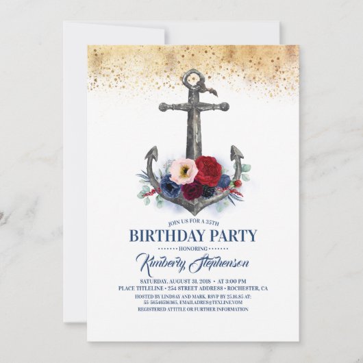 ネイビーブルーブルゴーニュフローラいかり航海の誕生日 招待状 (正面)