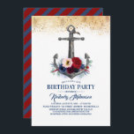 ネイビーブルーブルゴーニュフローラいかり航海の誕生日 招待状<br><div class="desc">ネイビーブルーとブルゴーニュ赤フローラいかりエレガント航海のバースデーパーティ招待状</div>