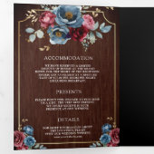 ネイビーブルーブルゴーニュフローラアンパサンド結婚ウッド 三つ折り招待状 (内部最初)