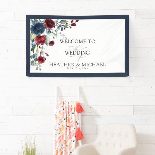 ネイビーブルーブルゴーニュフローラウォーターカラーウェルカム 横断幕 (インサイチュ)