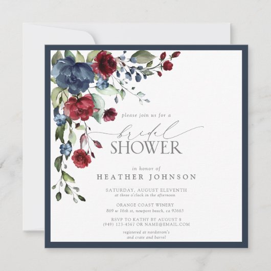 ネイビーブルーブルゴーニュフローラウォーターカラーブライダルシャワー 招待状 (正面)