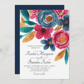 ネイビーブルーブルゴーニュフローラウォーター結婚カラー 招待状 (正面/裏面)