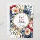 ネイビーブルーブルゴーニュフローラカントリーシ結婚ック 招待状 (正面)