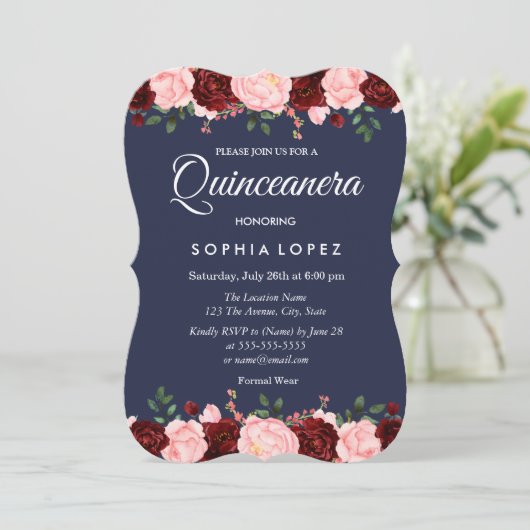 ネイビーブルーブルゴーニュフローラキンセアニェラ招待状 招待状 (スタンド正面)