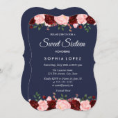 ネイビーブルーブルゴーニュフローラスウィート16招待状 招待状 (正面/裏面)