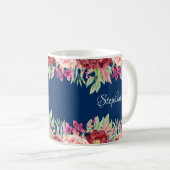 ネイビーブルーブルゴーニュフローラパーソナライズされた名 コーヒーマグカップ (正面右)