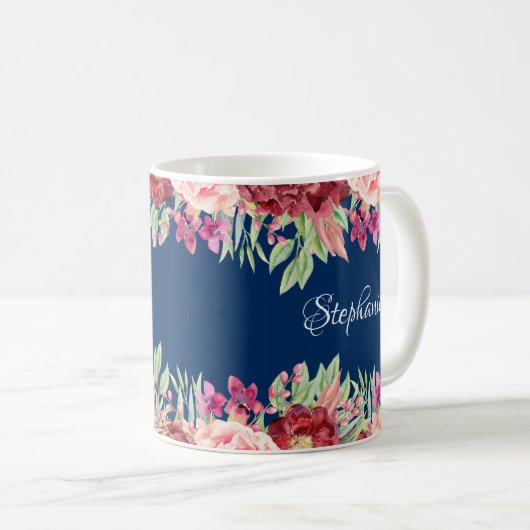 ネイビーブルーブルゴーニュフローラパーソナライズされた名 コーヒーマグカップ (正面右)