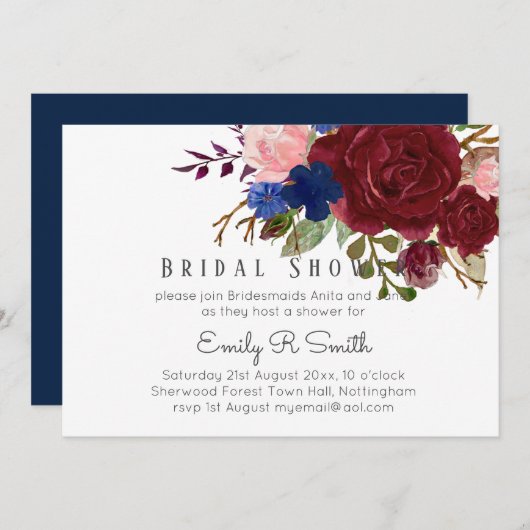 ネイビーブルーブルゴーニュフローラブーケ結婚ス 招待状 (正面/裏面)