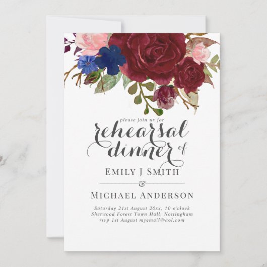 ネイビーブルーブルゴーニュフローラブーケ結婚ス 招待状 (正面)