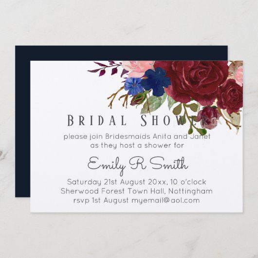 ネイビーブルーブルゴーニュフローラブーケ結婚ス 招待状 (正面/裏面)