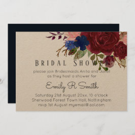 ネイビーブルーブルゴーニュフローラブーケ結婚ス 招待状