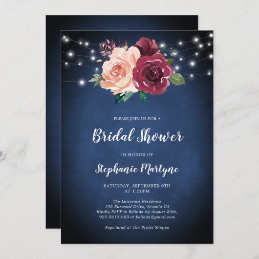 ネイビーブルーブルゴーニュフローラライトブライダルシャワー 招待状 (正面/裏面)