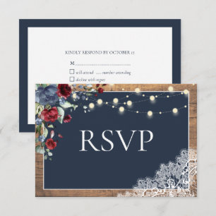 ネイビーブルーブルゴーニュフローラレースウッドウェディングRSVP 出欠カード