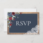 ネイビーブルーブルゴーニュフローラレースウッドウェディングRSVP 出欠カード (正面)