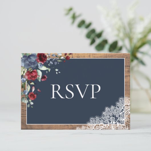 ネイビーブルーブルゴーニュフローラレースウッドウェディングRSVP 出欠カード (スタンド正面)