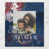 ネイビーブルーブルゴーニュフローラレース結婚ズ ワインラベル (シングルラベル)