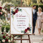 ネイビーブルーブルゴーニュフローラ幾何結婚記号 ポスター