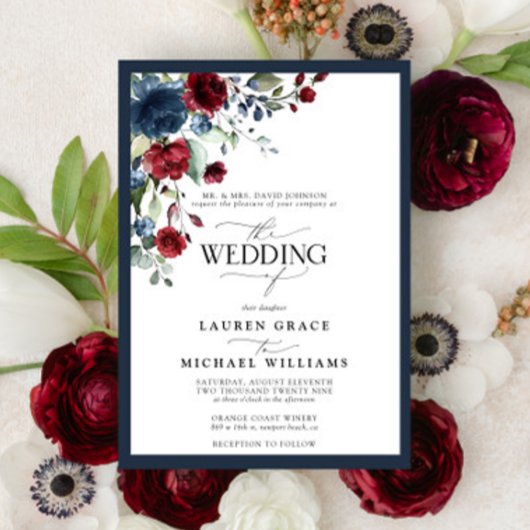 ネイビーブルーブルゴーニュフローラ水の色のスクリプトインビタ 招待状