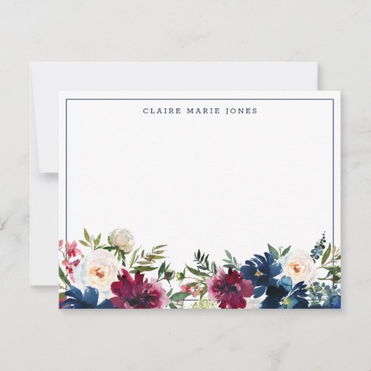 ネイビーブルーブルゴーニュフローラ水彩縁ど薄 ノートカード (正面)