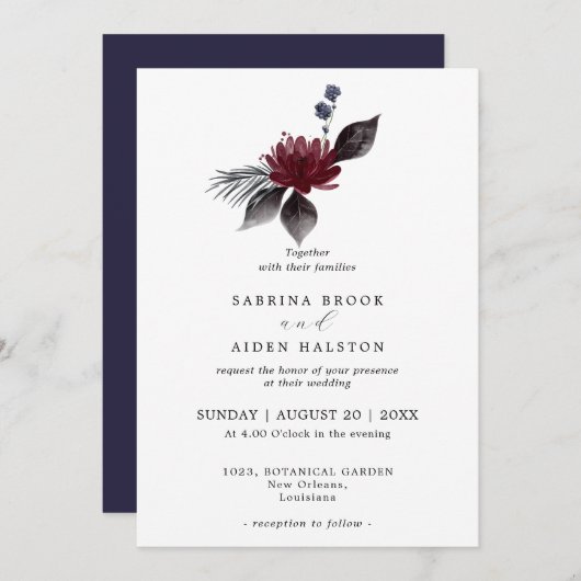 ネイビーブルーブルゴーニュフローラ結婚ズ 招待状 (正面/裏面)