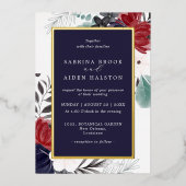 ネイビーブルーブルゴーニュフローラ結婚ズ 箔招待状 (正面)