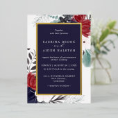 ネイビーブルーブルゴーニュフローラ結婚ズ 箔招待状 (立ち正面)