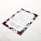 ネイビーブルーブルゴーニュフローラ結婚式の日付を保存 箔招待状 (回転した状態)