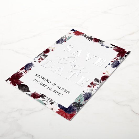 ネイビーブルーブルゴーニュフローラ結婚式の日付を保存 箔招待状 (回転した状態)