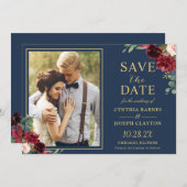 ネイビーブルーブルゴーニュフローラ結婚金ゴールドの写真 セーブザデート (正面/裏面)