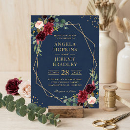 ネイビーブルーブルゴーニュフローラ金ゴールドジオメトリック結婚ス 招待状