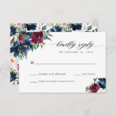 ネイビーブルーブルゴーニュフローラ開花ウォーター結婚カラー 出欠カード (正面/裏面)