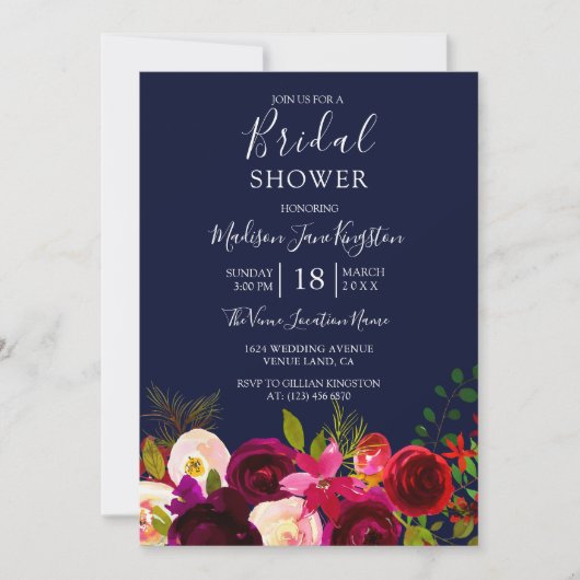 ネイビーブルーブルゴーニュブライダルシャワーフローラ 招待状 (正面)