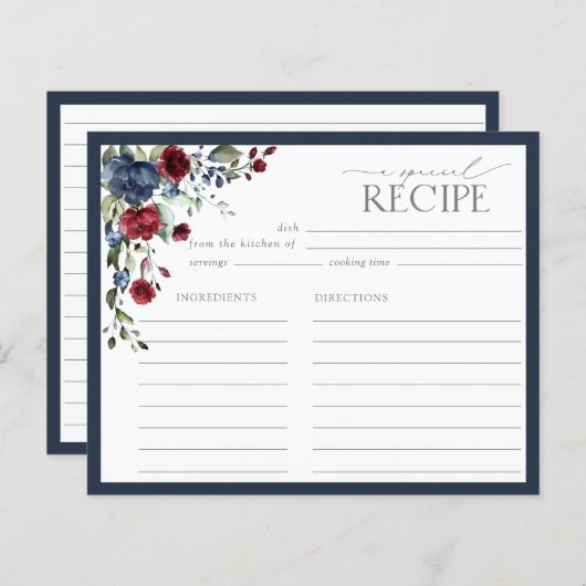 ネイビーブルーブルゴーニュブライダルシャワーレシピカード (正面/裏面)