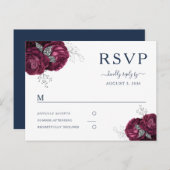 ネイビーブルーブルゴーニュペオニーフローラウェディングRSVP ポストカード (正面/裏面)