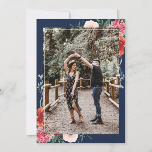 ネイビーブルーブルゴーニュレッドコーラルフローラ写真結婚の写真 招待状 (裏面)