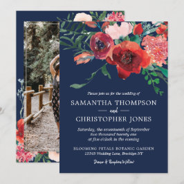 ネイビーブルーブルゴーニュレッドコーラルフローラ写真結婚の写真 招待状