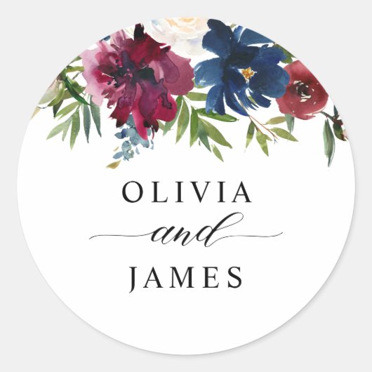 ネイビーブルーブルゴーニュレッドフローラシック結婚スクリプト ラウンドシール (正面)