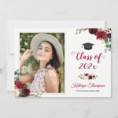 ネイビーブルーブルゴーニュレッドフローラ写真卒業 招待状 (正面)