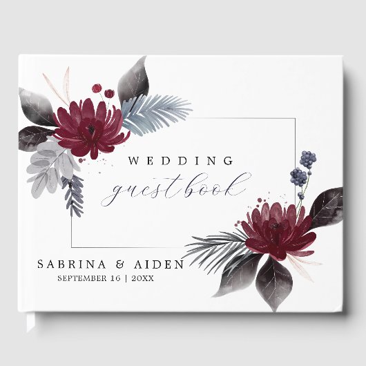 ネイビーブルーブルゴーニュレッドフローラ結婚ズ ゲストブック (正面)