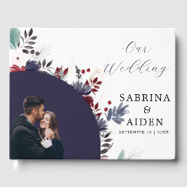 ネイビーブルーブルゴーニュレッドフローラ結婚ズ ゲストブック