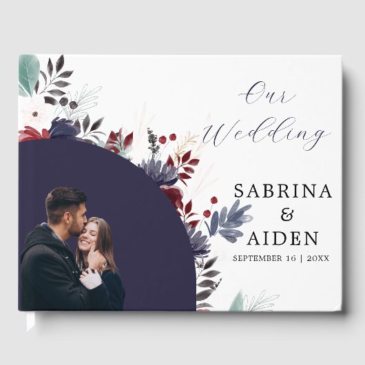 ネイビーブルーブルゴーニュレッドフローラ結婚ズ ゲストブック (正面)