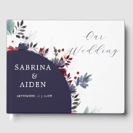 ネイビーブルーブルゴーニュレッドフローラ結婚ズ ゲストブック