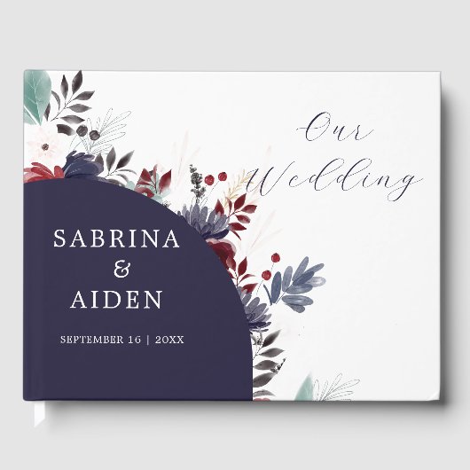 ネイビーブルーブルゴーニュレッドフローラ結婚ズ ゲストブック (正面)