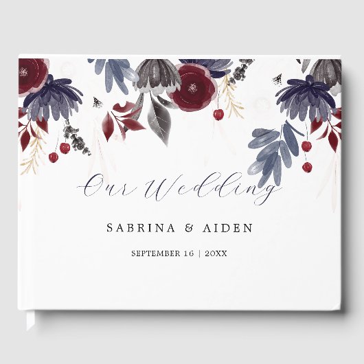 ネイビーブルーブルゴーニュレッドフローラ結婚ズ ゲストブック (正面)