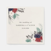 ネイビーブルーブルゴーニュレッドフローラ結婚ズ スタンダードカクテルナプキン (正面)