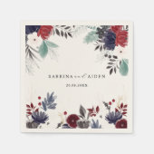 ネイビーブルーブルゴーニュレッドフローラ結婚ズ スタンダードカクテルナプキン (正面)