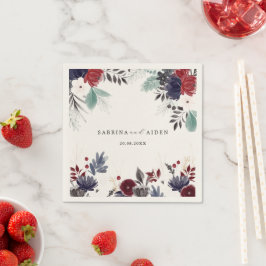 ネイビーブルーブルゴーニュレッドフローラ結婚ズ スタンダードカクテルナプキン